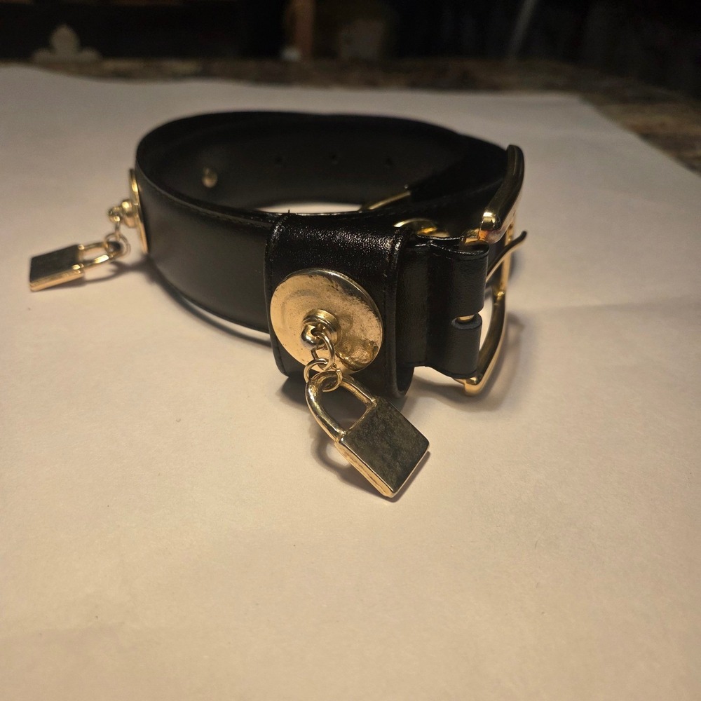 Vintage Donna Katz Black Leather Belt Gold Padlock Charms Edgy Statement Small